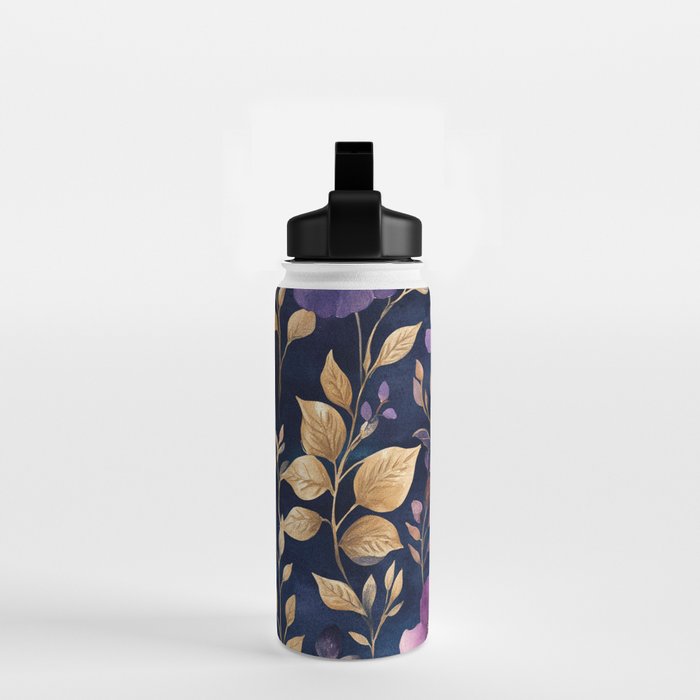 Night Garden Purple Pink Gold Watercolor Flowers and Leaves All Over Water Bottle Gallery Image 2