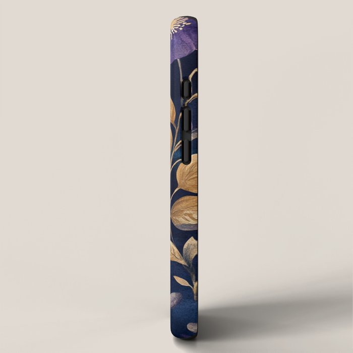 Night Garden Purple Pink Gold Watercolor Flowers and Leaves All Over iPhone Case Gallery Image 2