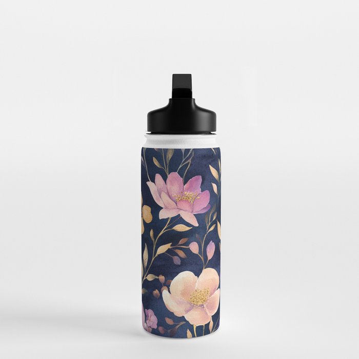Night Garden Purple Pink Gold Watercolor Flowers and Leaves All Over Water Bottle Gallery Image 3