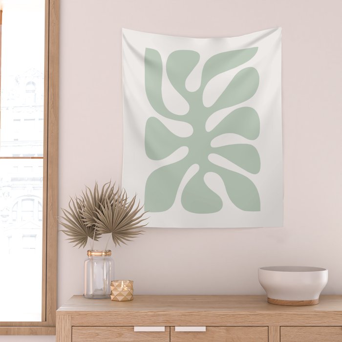 Minimal Abstract Matisse Monstera Pastel Sage Green 1/2 Wall Tapestry Gallery Image 2
