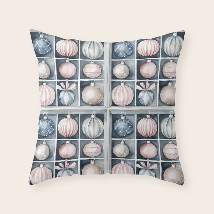 Pink Blue Watercolor Christmas Ornaments Throw Pillow Gallery Image 6