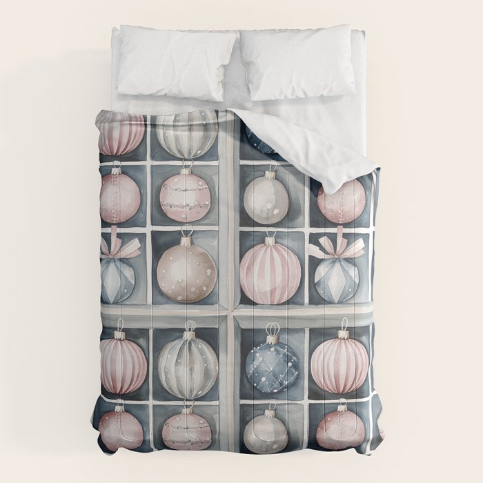 Pink Blue Watercolor Christmas Ornaments Comforter Gallery Image 6