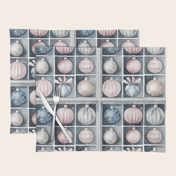 Pink Blue Watercolor Christmas Ornaments Placemat Gallery Image 1