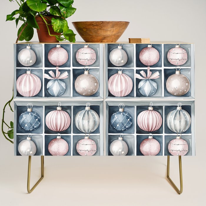 Pink Blue Watercolor Christmas Ornaments Credenza Gallery Image 1