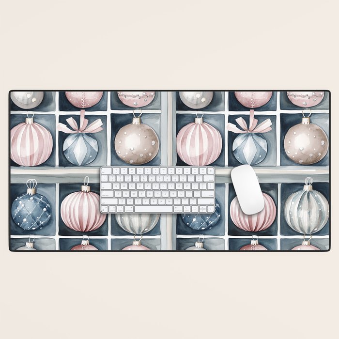 Pink Blue Watercolor Christmas Ornaments Desk Mat Gallery Image 1