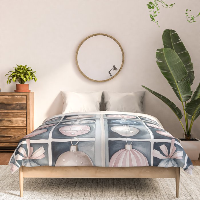 Pink Blue Watercolor Christmas Ornaments Comforter Gallery Image 3