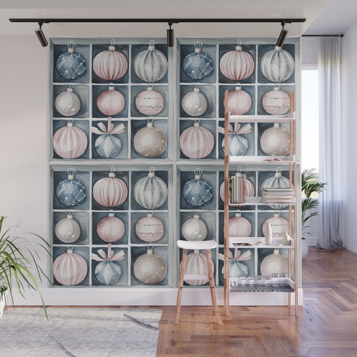 Pink Blue Watercolor Christmas Ornaments Wall Mural Gallery Image 1