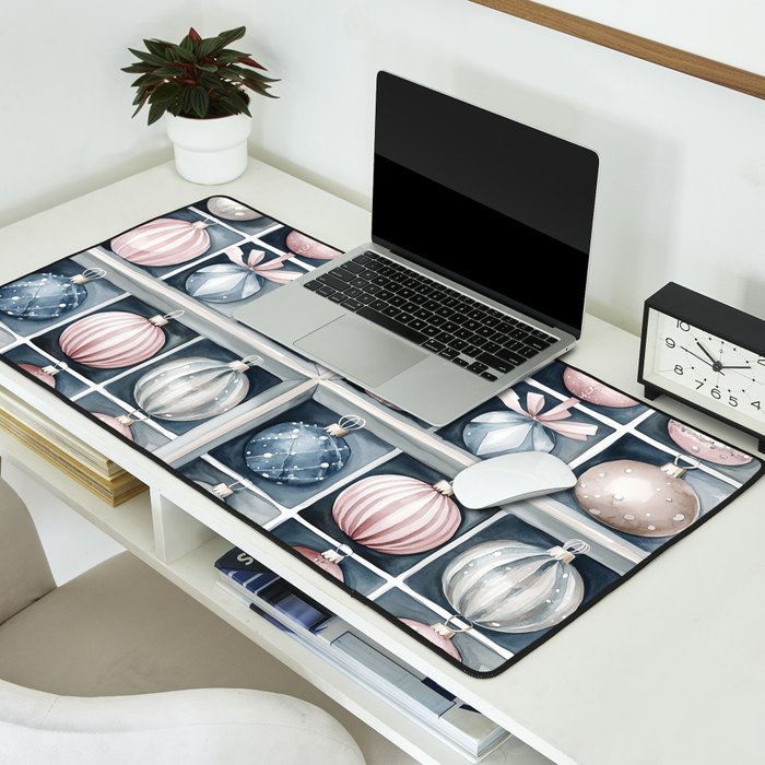 Pink Blue Watercolor Christmas Ornaments Desk Mat Gallery Image 2