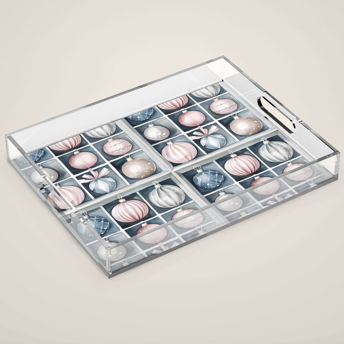 Pink Blue Watercolor Christmas Ornaments Acrylic Tray Gallery Image 1