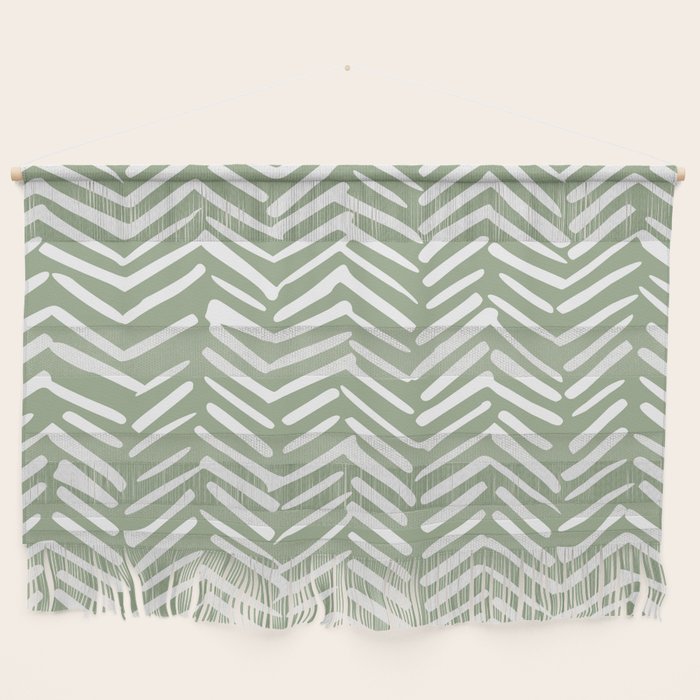 Boho, Abstract, Herringbone Pattern, Sage Green and White Wall Hanging Gallery Image 1