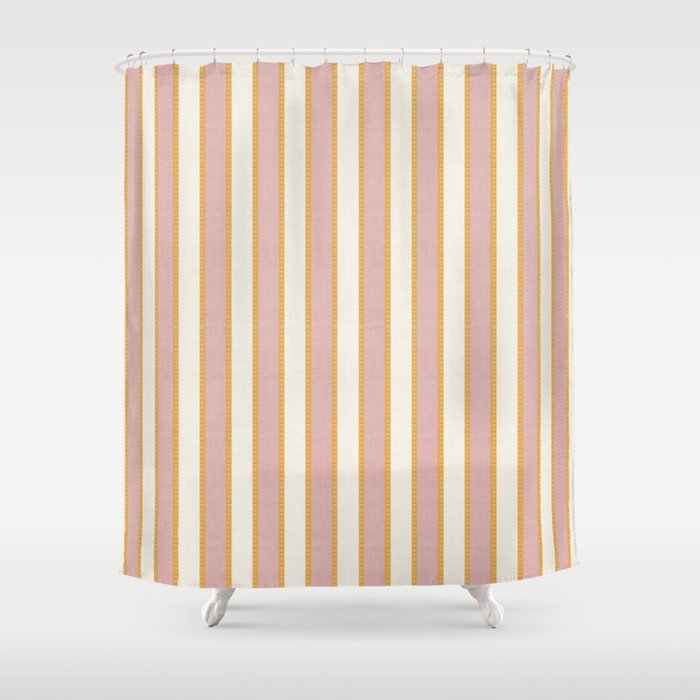 Pastel Pink And Gold Braid Cabana Stripes On Off-White Cream Vintage Aesthetic Shower Curtain Gallery Image 1