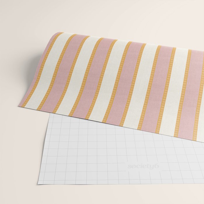Pastel Pink And Gold Braid Cabana Stripes On Off-White Cream Vintage Aesthetic Wrapping Paper Gallery Image 2