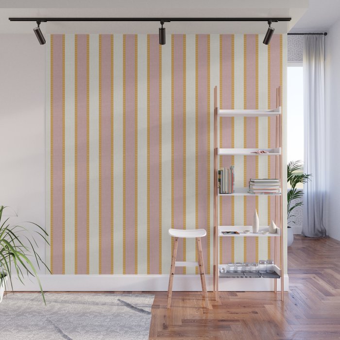 Pastel Pink And Gold Braid Cabana Stripes On Off-White Cream Vintage Aesthetic Wall Mural Gallery Image 1