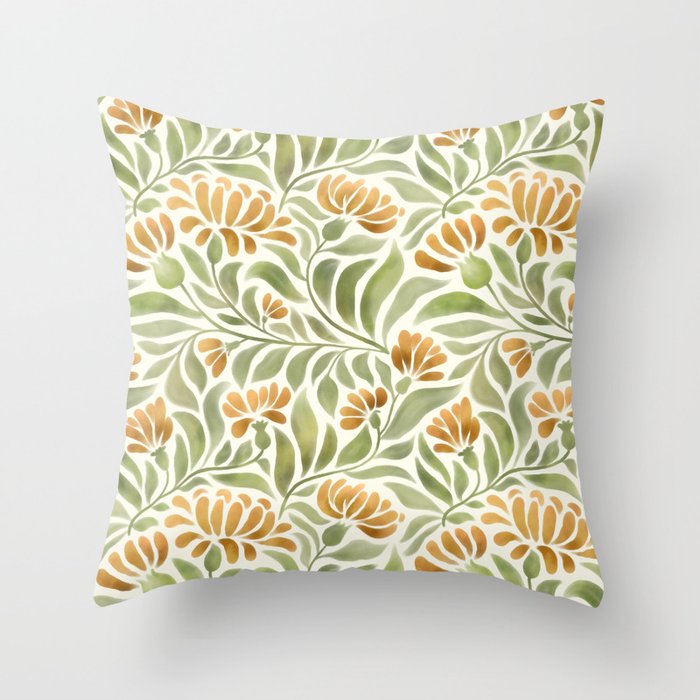 Watercolor Peony pattern in yellow and olive green Throw Pillow Gallery Image 6