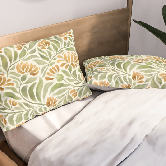 Watercolor Peony pattern in yellow and olive green Pillow Sham Gallery Image 2