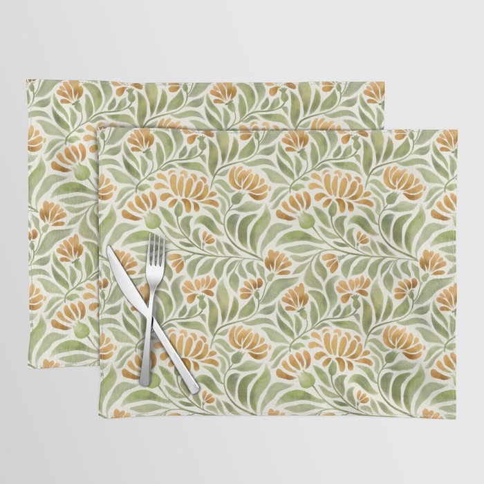 Watercolor Peony pattern in yellow and olive green Placemat Gallery Image 1