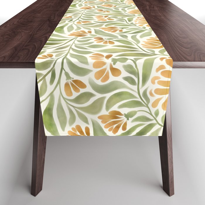 Watercolor Peony pattern in yellow and olive green Table Runner Gallery Image 1