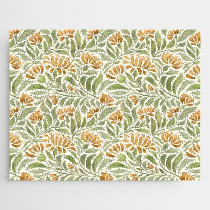Watercolor Peony pattern in yellow and olive green Jigsaw Puzzle Gallery Image 1