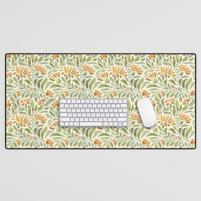 Watercolor Peony pattern in yellow and olive green Desk Mat Gallery Image 1