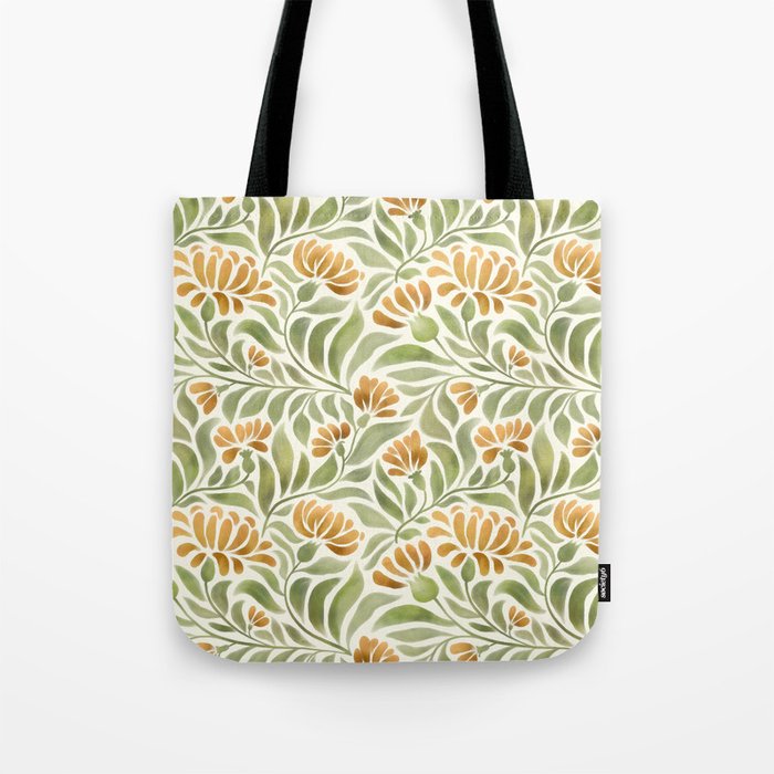 Watercolor Peony pattern in yellow and olive green Tote Bag Gallery Image 1