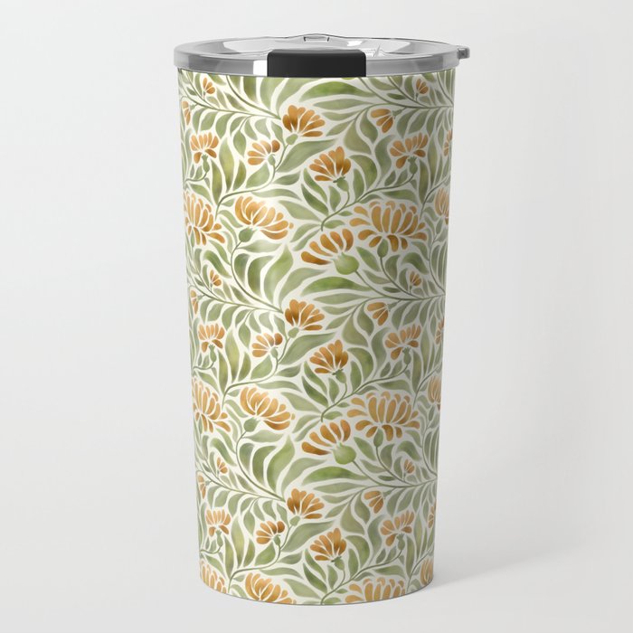 Watercolor Peony pattern in yellow and olive green Travel Mug Gallery Image 1