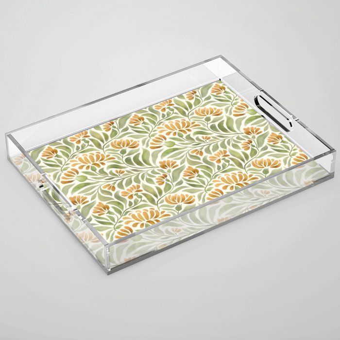 Watercolor Peony pattern in yellow and olive green Acrylic Tray Gallery Image 1
