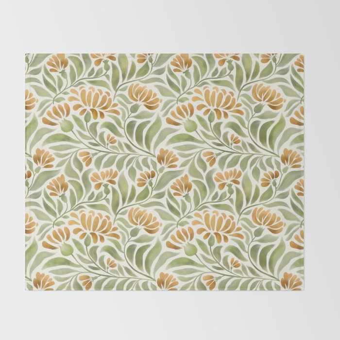 Watercolor Peony pattern in yellow and olive green Throw Blanket Gallery Image 2
