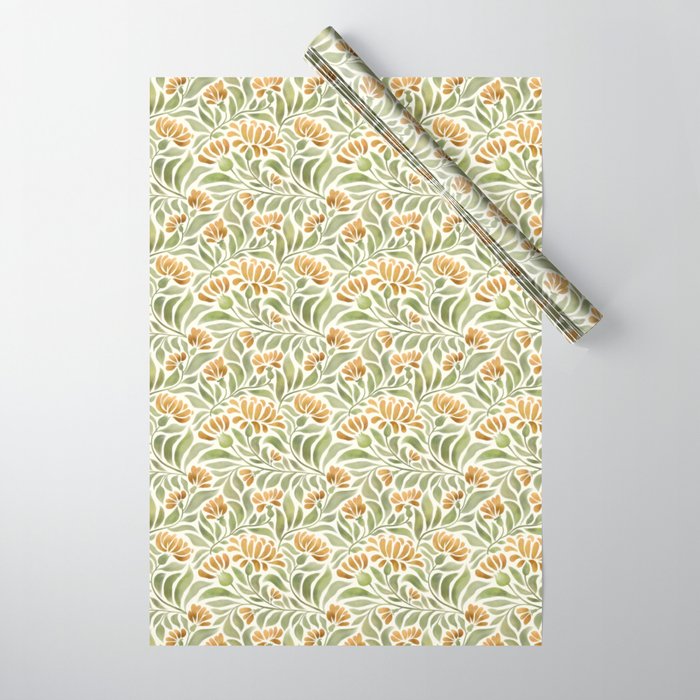 Watercolor Peony pattern in yellow and olive green Wrapping Paper Gallery Image 1
