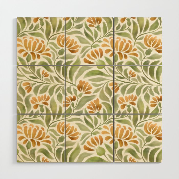Watercolor Peony pattern in yellow and olive green Wood Wall Art Gallery Image 1