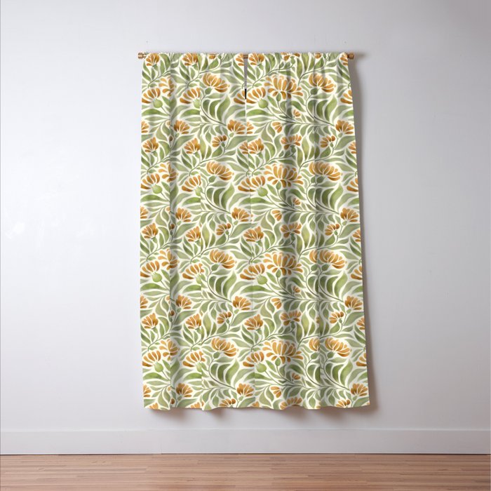 Watercolor Peony pattern in yellow and olive green Window Curtain Gallery Image 3