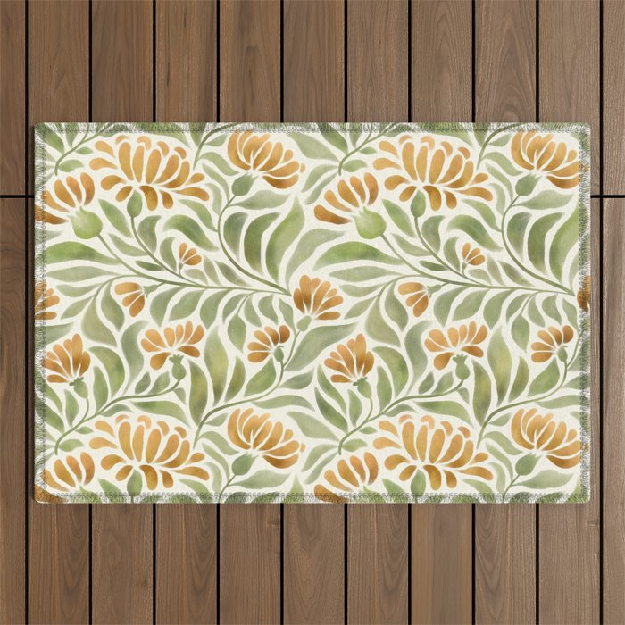 Watercolor Peony pattern in yellow and olive green Outdoor Rug Gallery Image 1