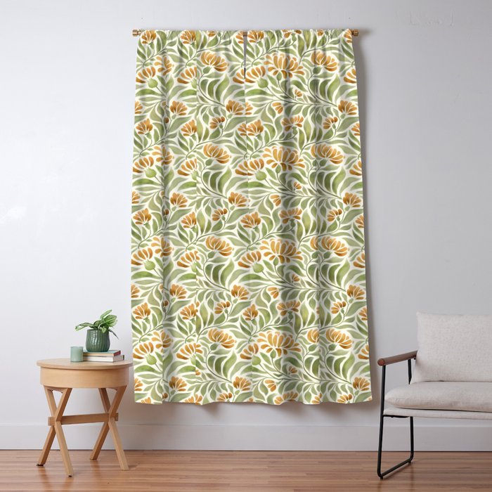 Watercolor Peony pattern in yellow and olive green Window Curtain Gallery Image 5
