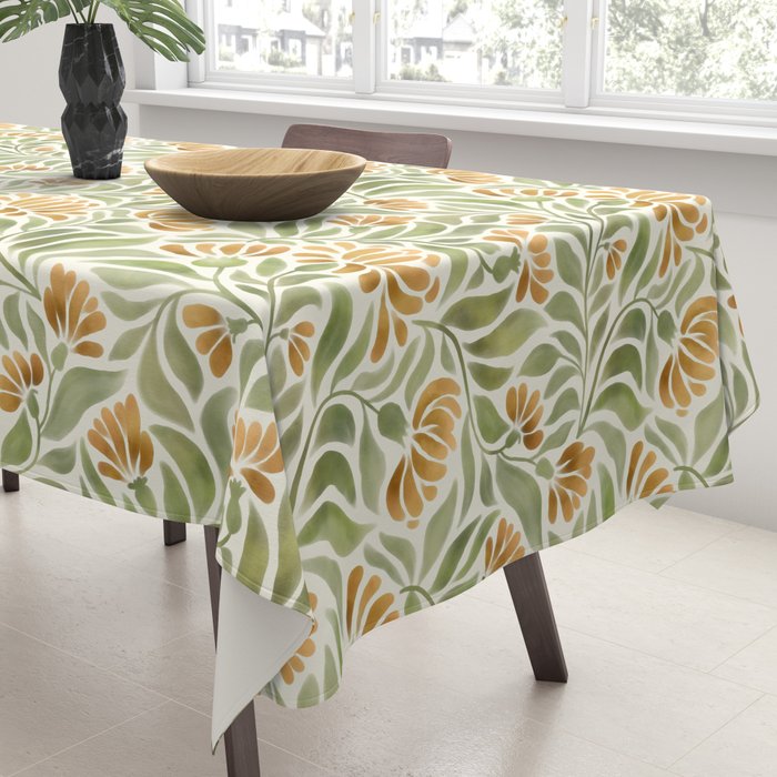 Watercolor Peony pattern in yellow and olive green Tablecloth Gallery Image 3