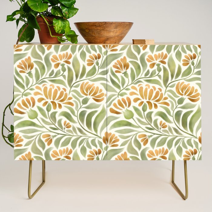 Watercolor Peony pattern in yellow and olive green Credenza Gallery Image 1
