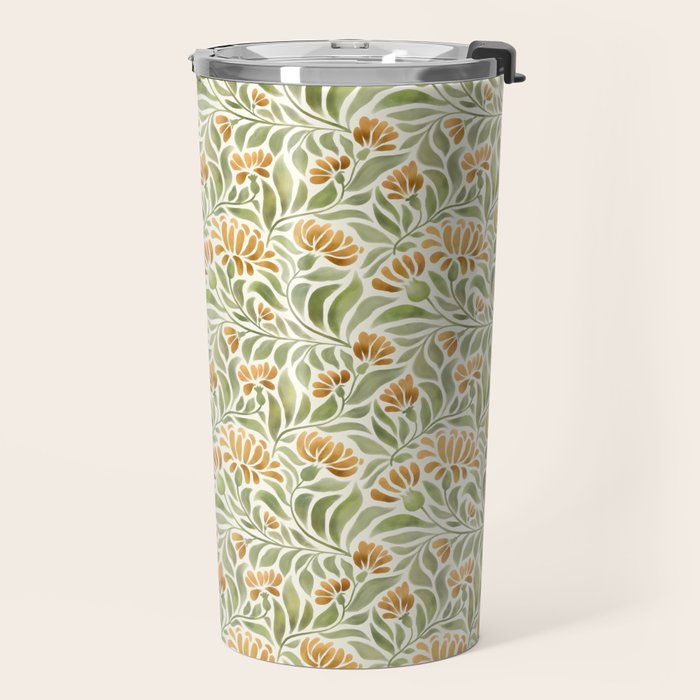 Watercolor Peony pattern in yellow and olive green Travel Mug Gallery Image 2