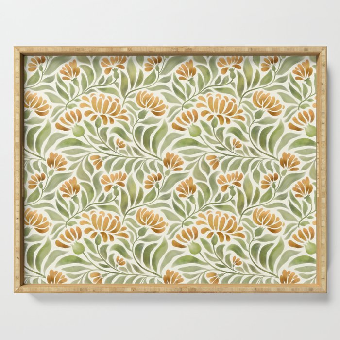 Watercolor Peony pattern in yellow and olive green Serving Tray Gallery Image 1