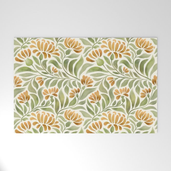 Watercolor Peony pattern in yellow and olive green Welcome Mat Gallery Image 1