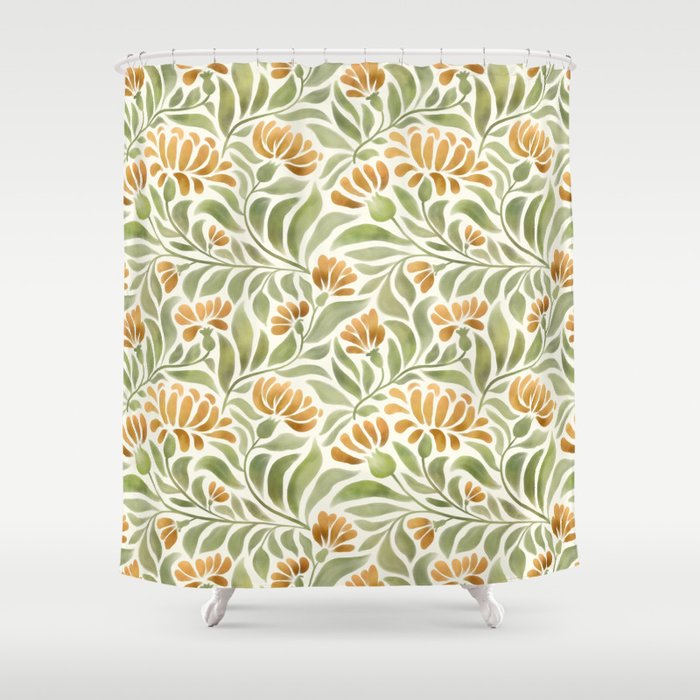 Watercolor Peony pattern in yellow and olive green Shower Curtain Gallery Image 1