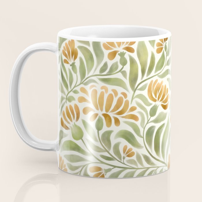 Watercolor Peony pattern in yellow and olive green Coffee Mug Gallery Image 3