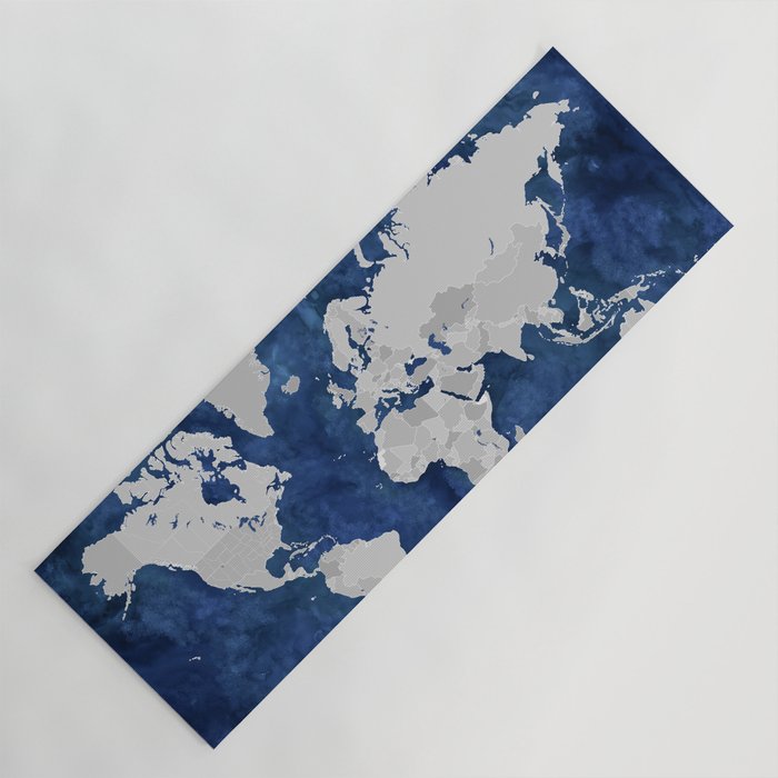 Dark blue watercolor and grey world map Yoga Mat Gallery Image 1