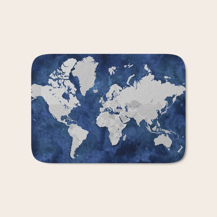 Dark blue watercolor and grey world map Bath Mat Gallery Image 1
