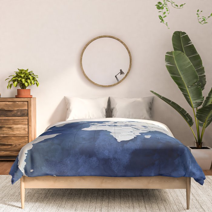 Dark blue watercolor and grey world map Comforter Gallery Image 3