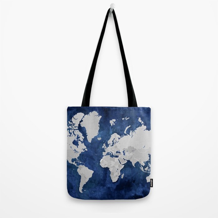 Dark blue watercolor and grey world map Tote Bag Gallery Image 2