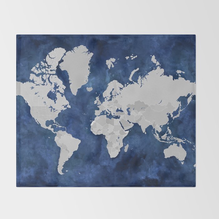 Dark blue watercolor and grey world map Throw Blanket Gallery Image 2