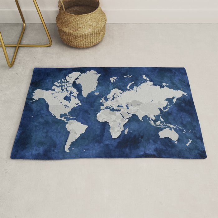 Dark blue watercolor and grey world map Rug Gallery Image 1