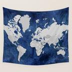 Dark blue watercolor and grey world map Wall Tapestry Gallery Image 4