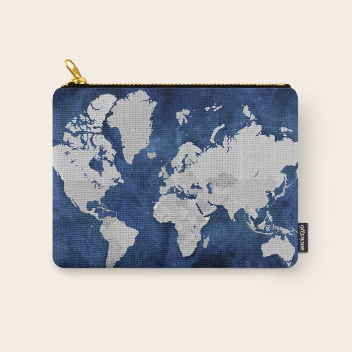 Dark blue watercolor and grey world map Carry All Pouch Gallery Image 1