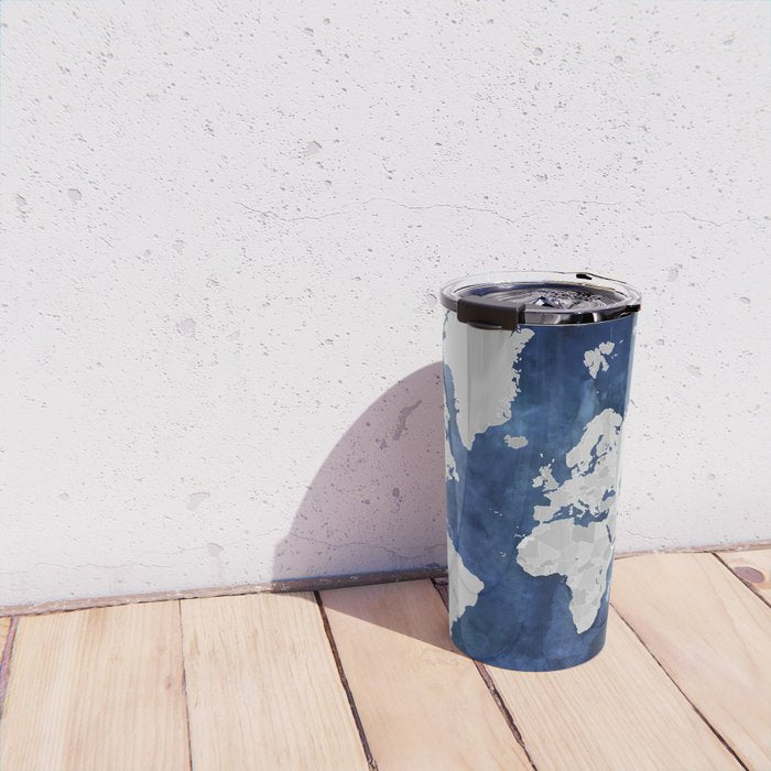 Dark blue watercolor and grey world map Travel Mug Gallery Image 4