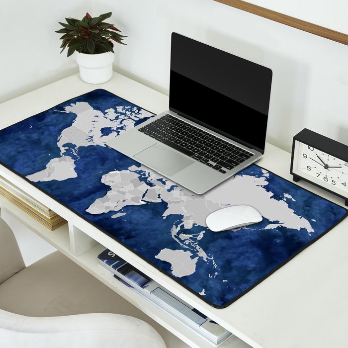 Dark blue watercolor and grey world map Desk Mat Gallery Image 2