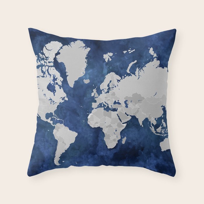 Dark blue watercolor and grey world map Throw Pillow Gallery Image 1